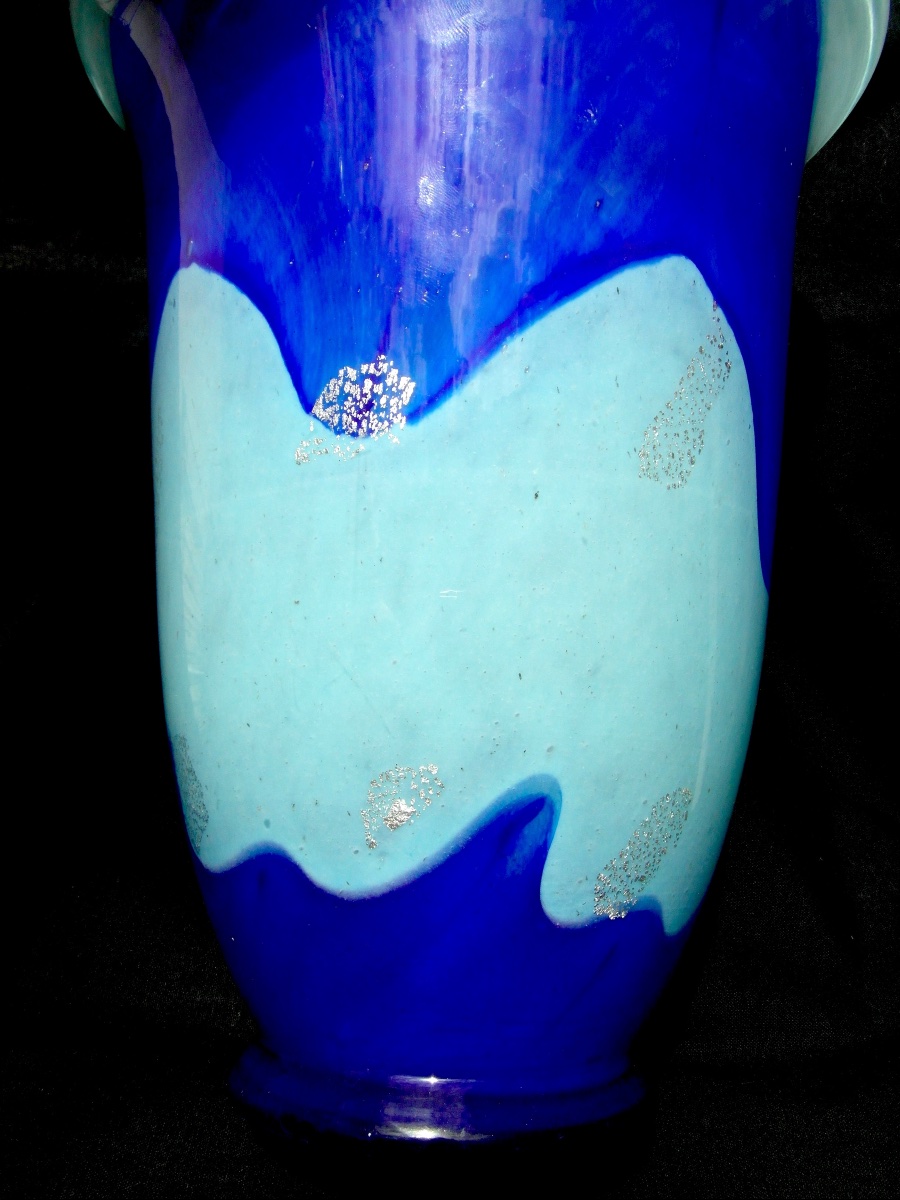 Large Art Deco Vase, With A Blue Band And Silver Spangles, By Delatte, From The Daum Galle Era -photo-4