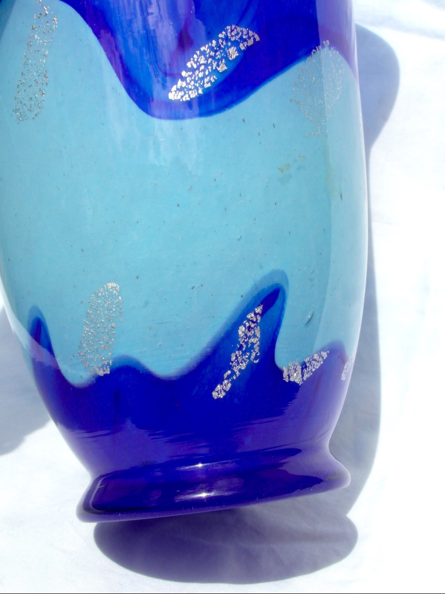 Large Art Deco Vase, With A Blue Band And Silver Spangles, By Delatte, From The Daum Galle Era -photo-2