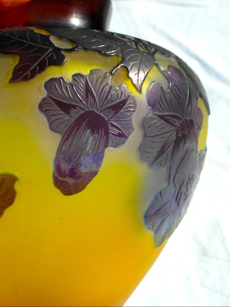 Vase gravé aux bignones bleues par Galle, parfait, vers 1900, era daum art-nouveau-photo-7