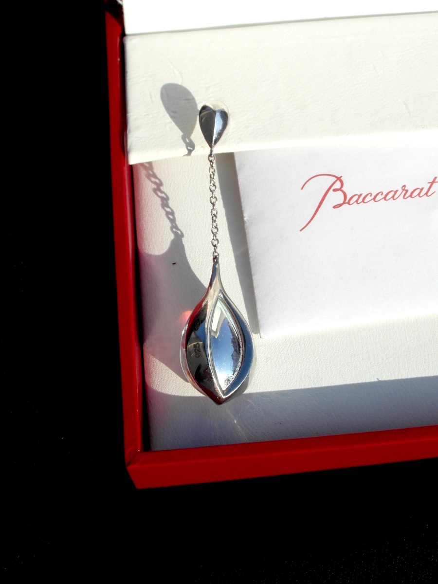 Pair Of Teardrop-shaped Silver And Crystal Earrings By Baccarat, -photo-4