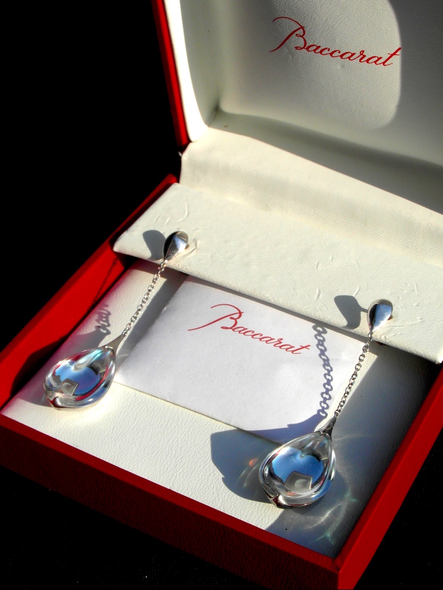 Pair Of Teardrop-shaped Silver And Crystal Earrings By Baccarat, -photo-3