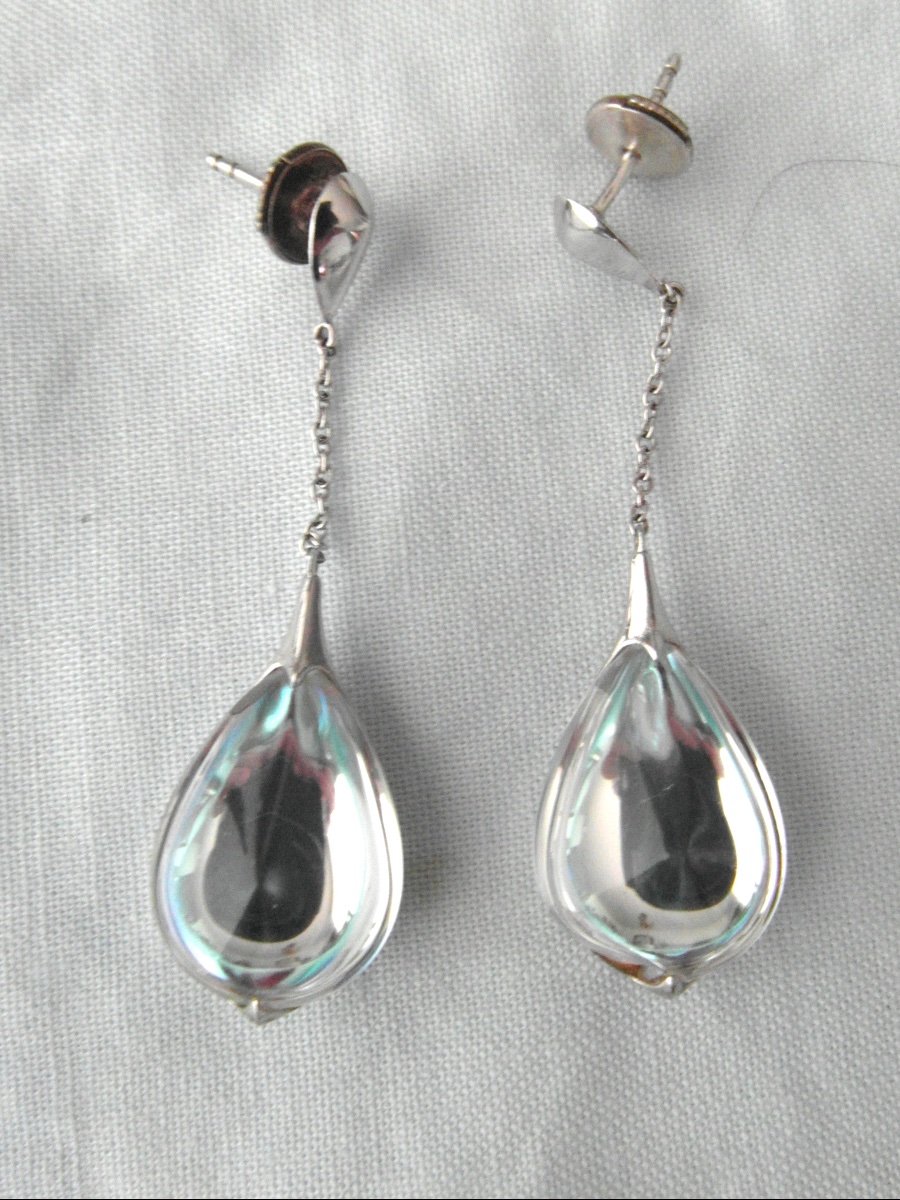 Pair Of Teardrop-shaped Silver And Crystal Earrings By Baccarat, -photo-3