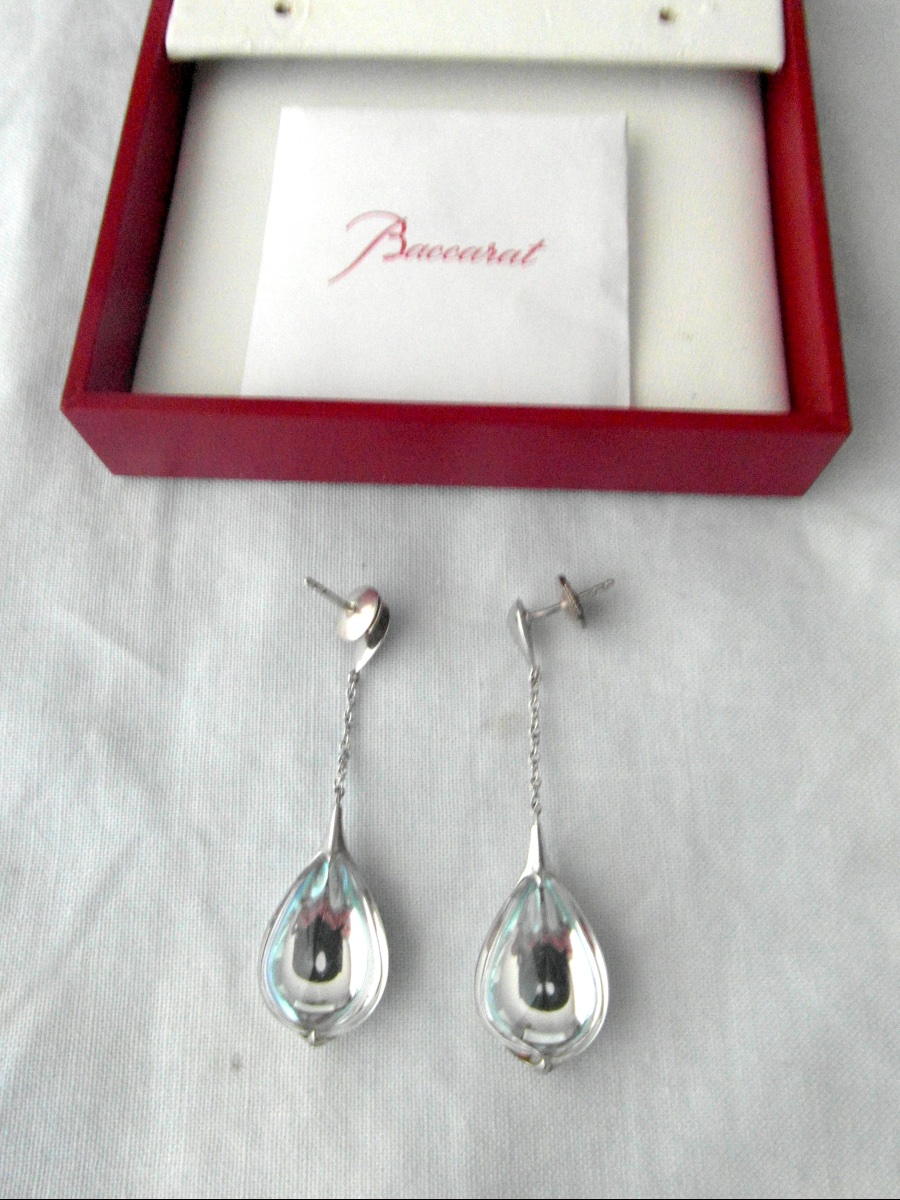 Pair Of Teardrop-shaped Silver And Crystal Earrings By Baccarat, -photo-4
