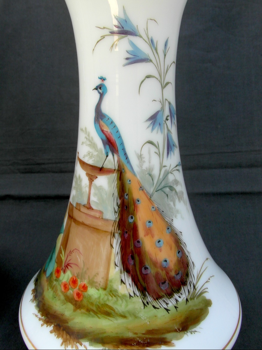 Pair Of Opaline Vases With Peacock Motifs By Baccarat, Napoleon III Period, 1860, Daum Galle Era-photo-2