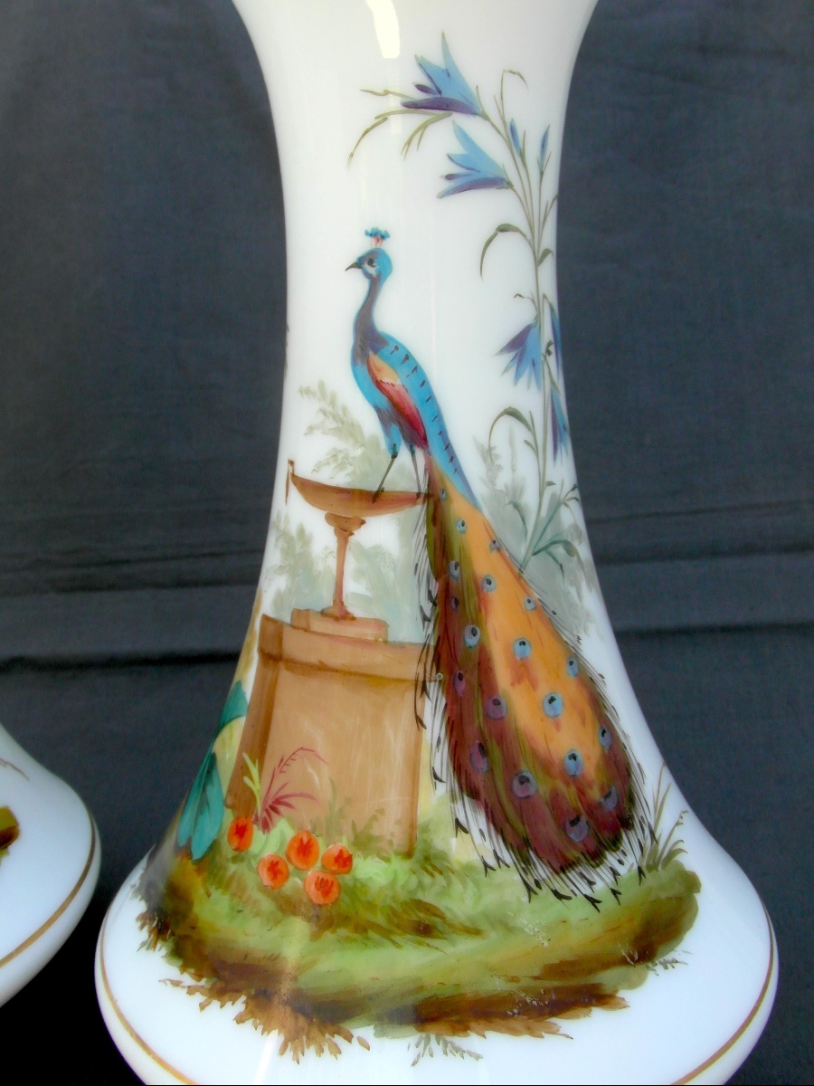 Pair Of Opaline Vases With Peacock Motifs By Baccarat, Napoleon III Period, 1860, Daum Galle Era-photo-4