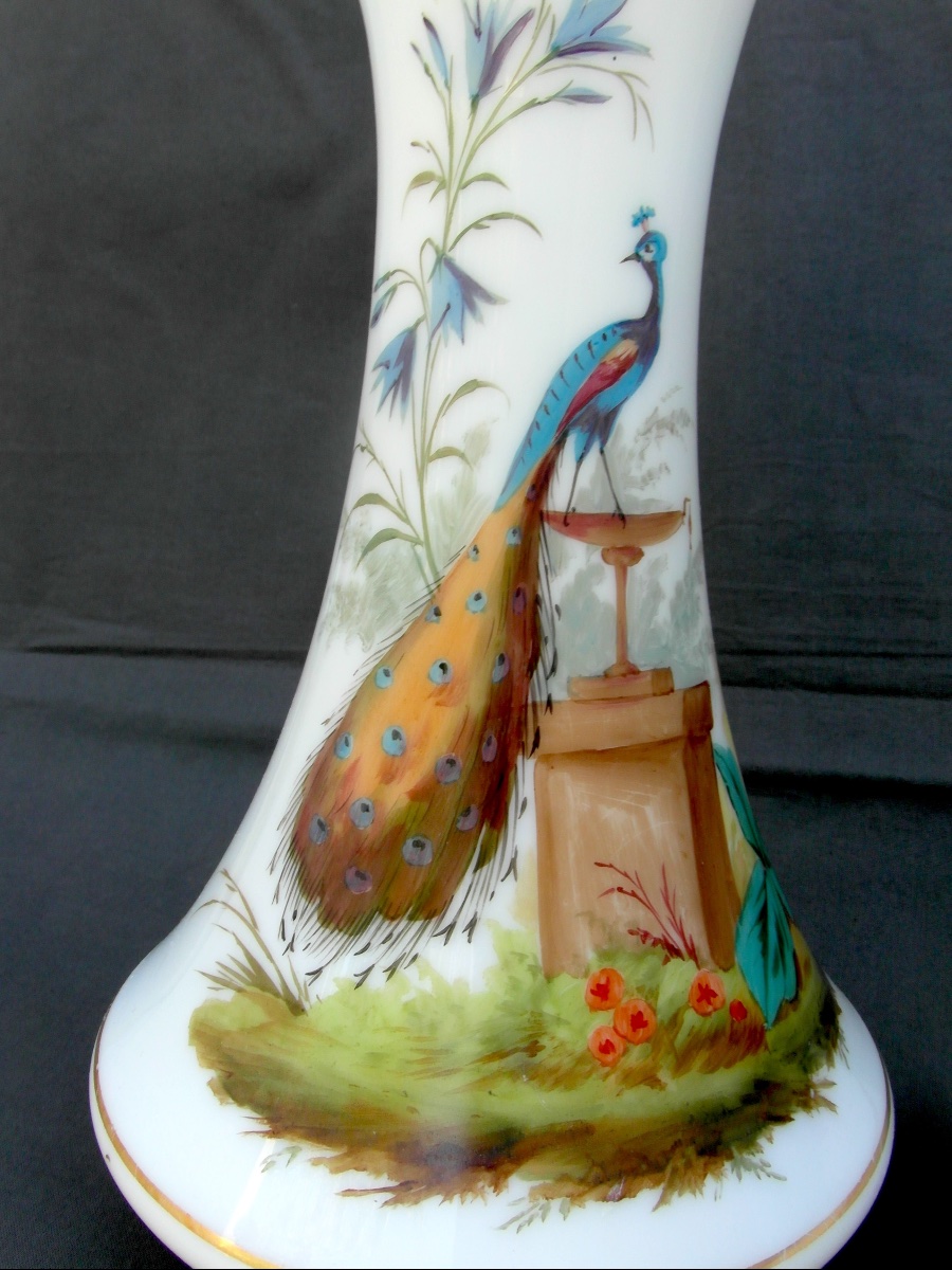 Pair Of Opaline Vases With Peacock Motifs By Baccarat, Napoleon III Period, 1860, Daum Galle Era-photo-5