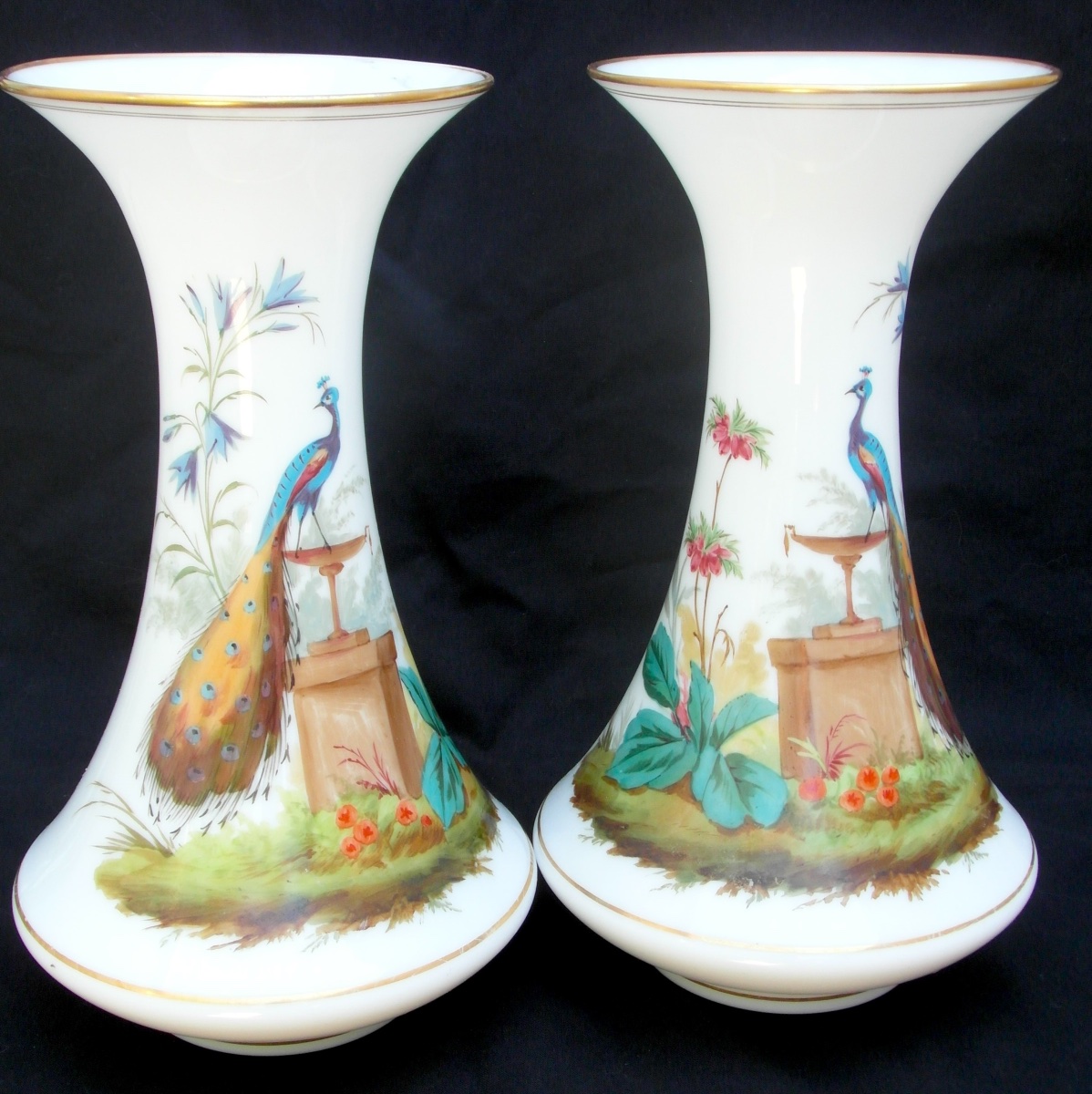 Pair Of Opaline Vases With Peacock Motifs By Baccarat, Napoleon III Period, 1860, Daum Galle Era-photo-6