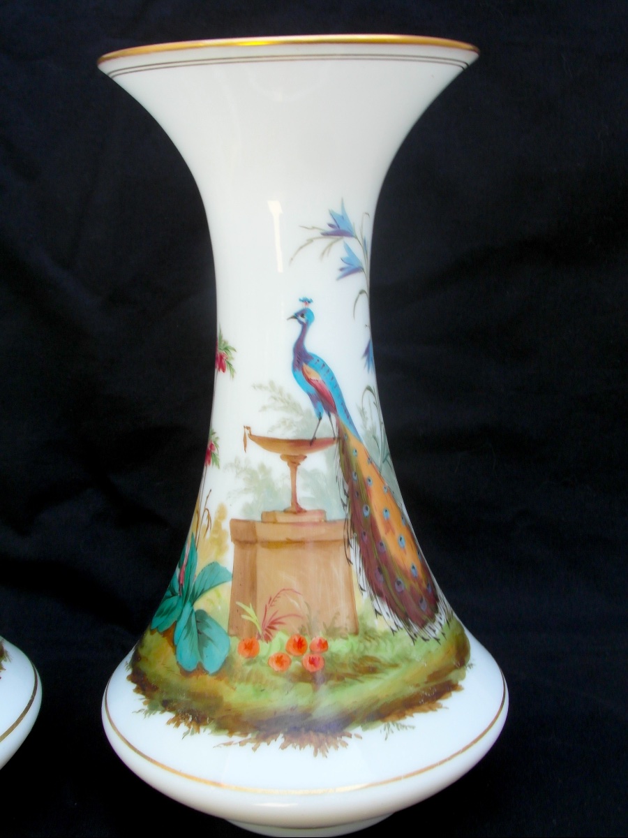 Pair Of Opaline Vases With Peacock Motifs By Baccarat, Napoleon III Period, 1860, Daum Galle Era-photo-8
