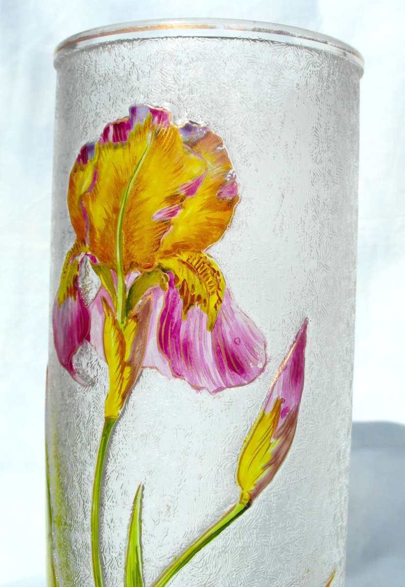 Vase 1900 en verre gravé et émaillé à décor d'iris par Baccarat, era Daum Galle-photo-4
