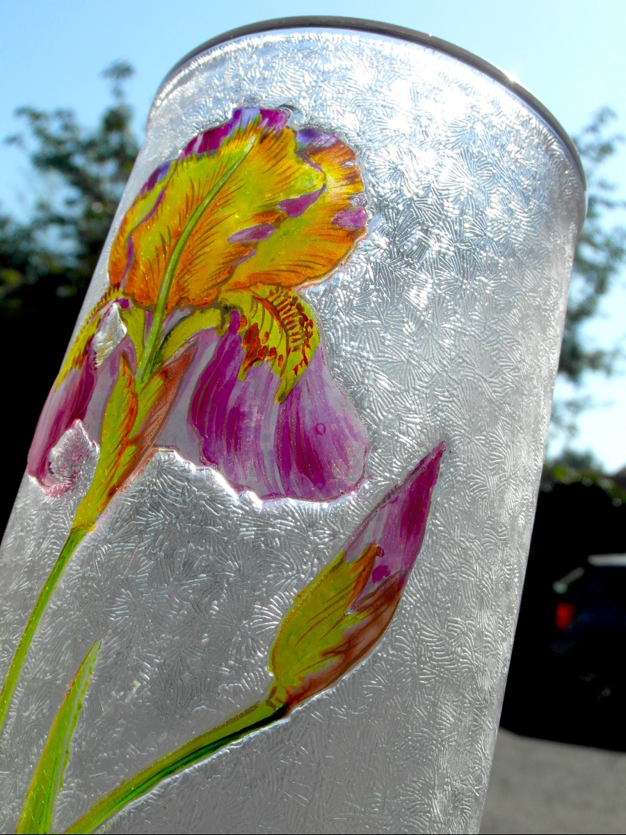 Vase 1900 en verre gravé et émaillé à décor d'iris par Baccarat, era Daum Galle-photo-4