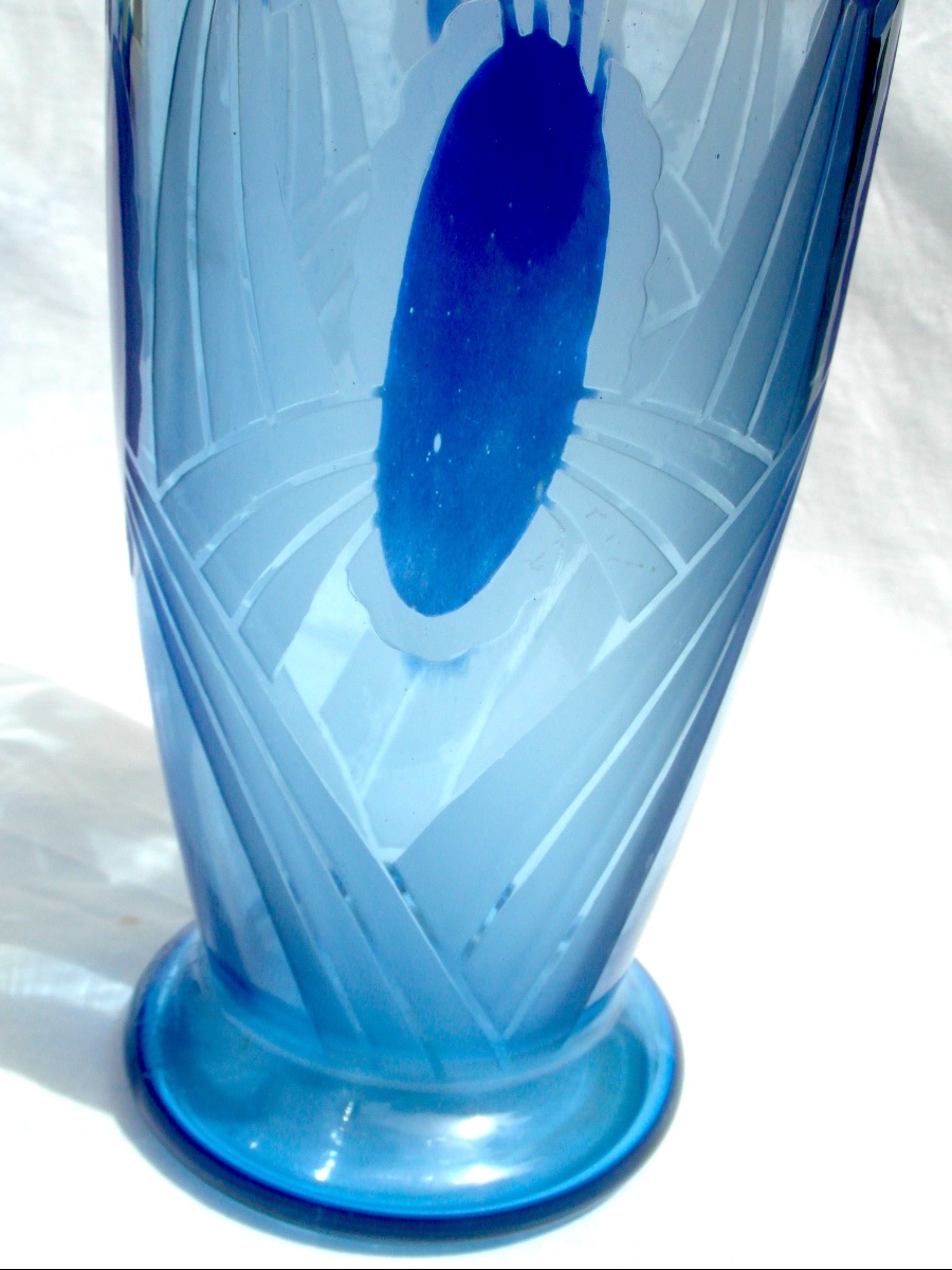 Art Deco Vase With Engraved Geometric Design, By Schneider, Signed Charder,  Le Verre Français-photo-3