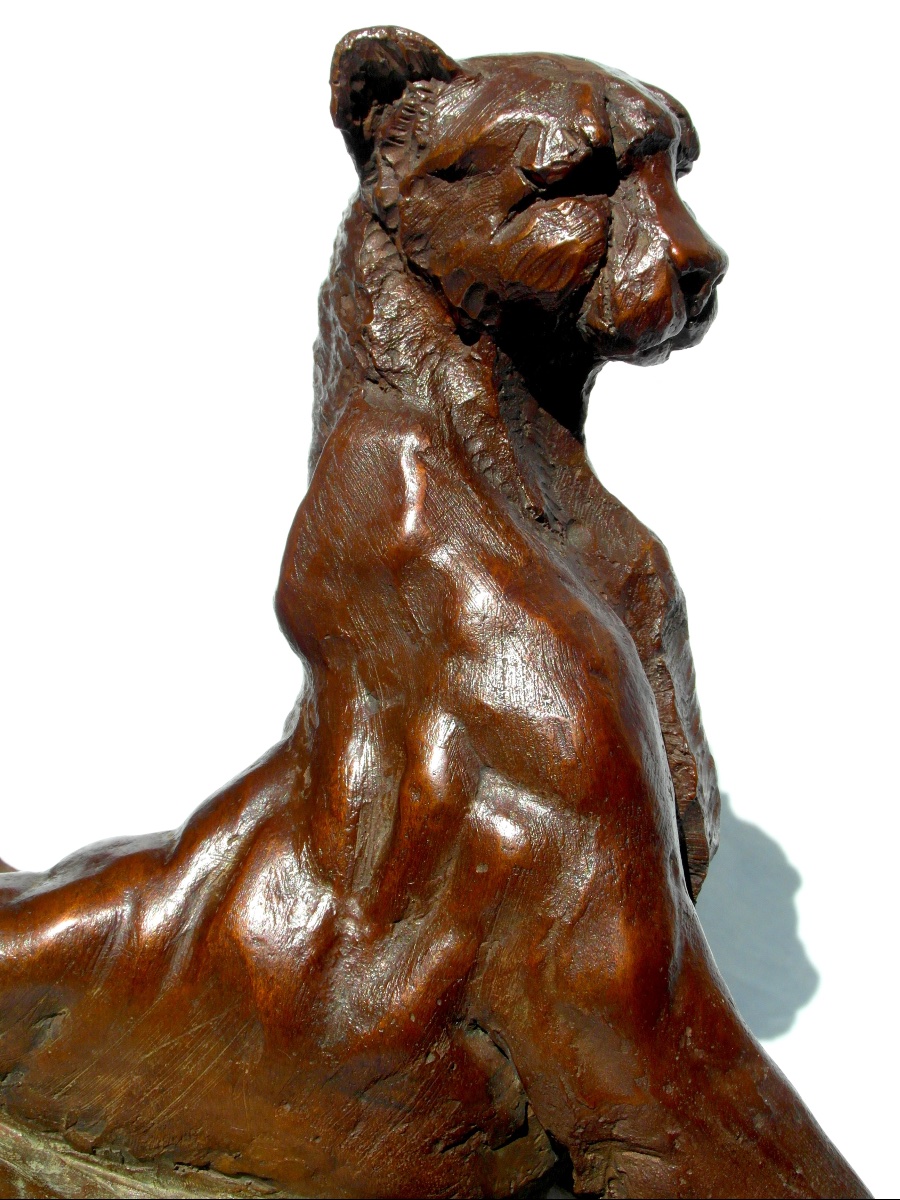 "le guet" par VASSIL, guépard sur un rocher,  sujet en bronze, numéroté, era Bugatti-photo-3