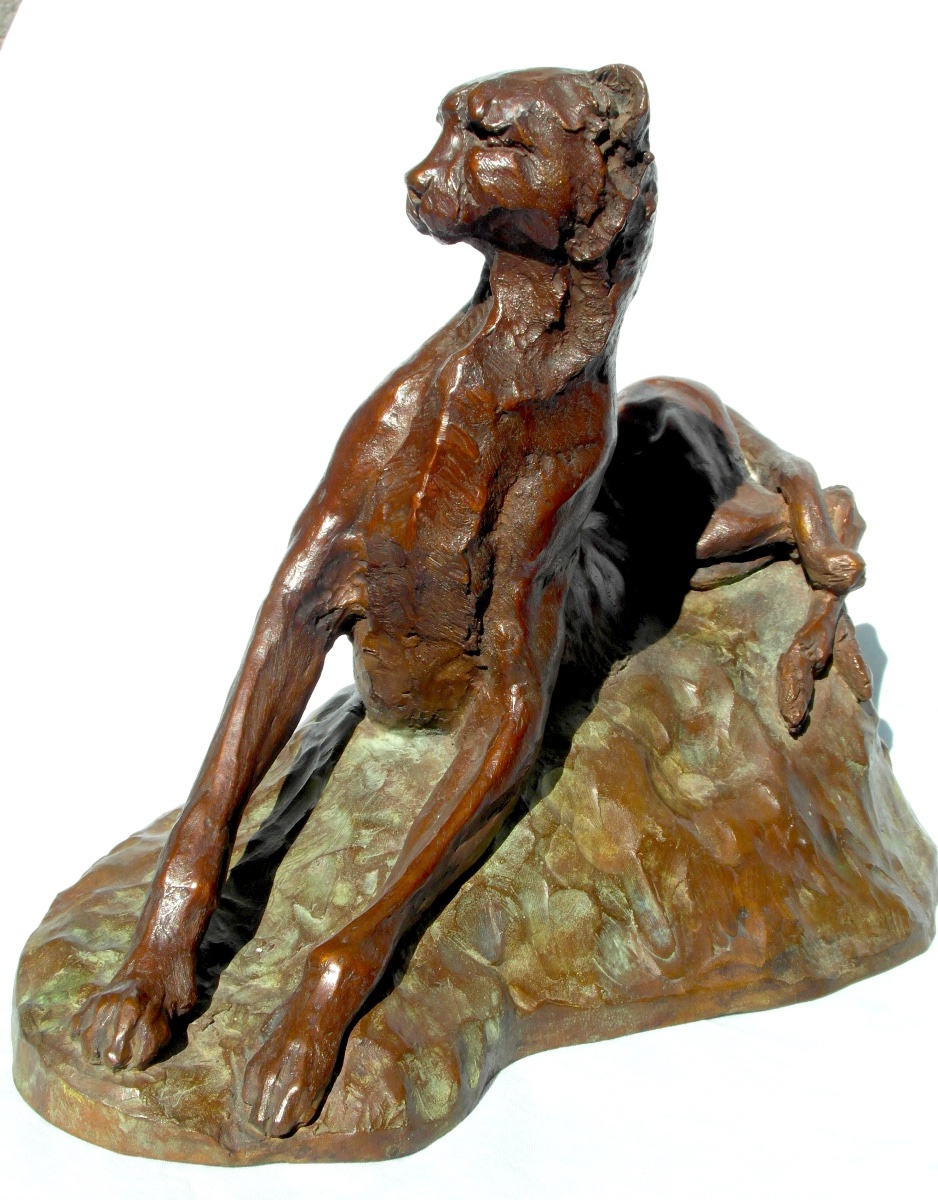 "le guet" par VASSIL, guépard sur un rocher,  sujet en bronze, numéroté, era Bugatti-photo-7