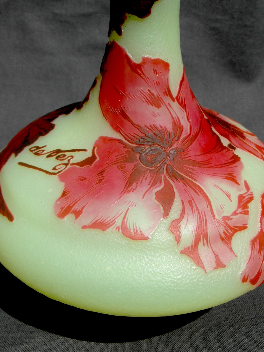 Single-flower Vase With Red Anemones By Devez, Era Daum Galle, 1920-photo-2