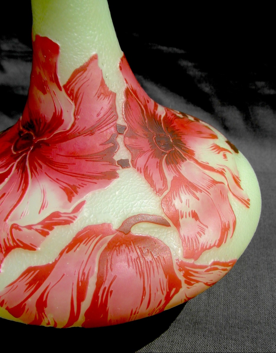 Single-flower Vase With Red Anemones By Devez, Era Daum Galle, 1920-photo-1