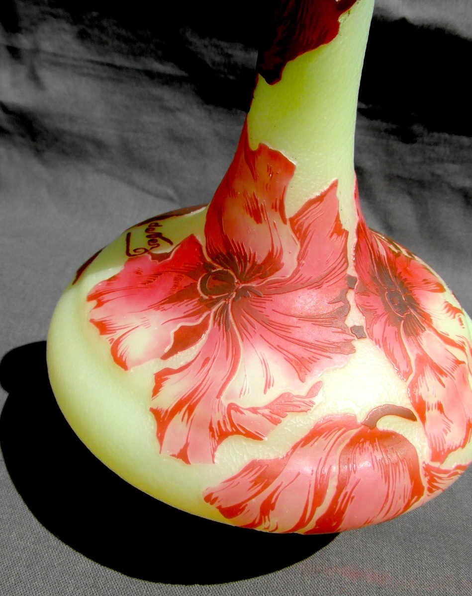 Single-flower Vase With Red Anemones By Devez, Era Daum Galle, 1920-photo-2