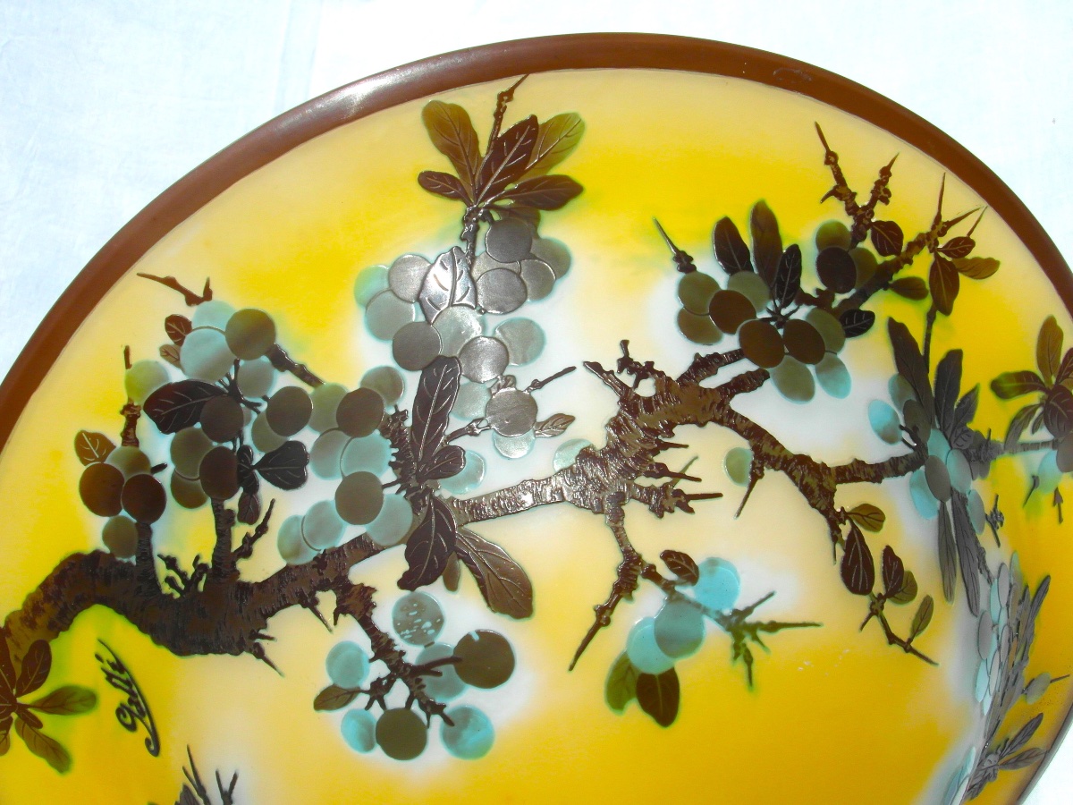 Lustre art-nouveau à décor de prunelles gravées, par Gallé, era Daum 1900-photo-2
