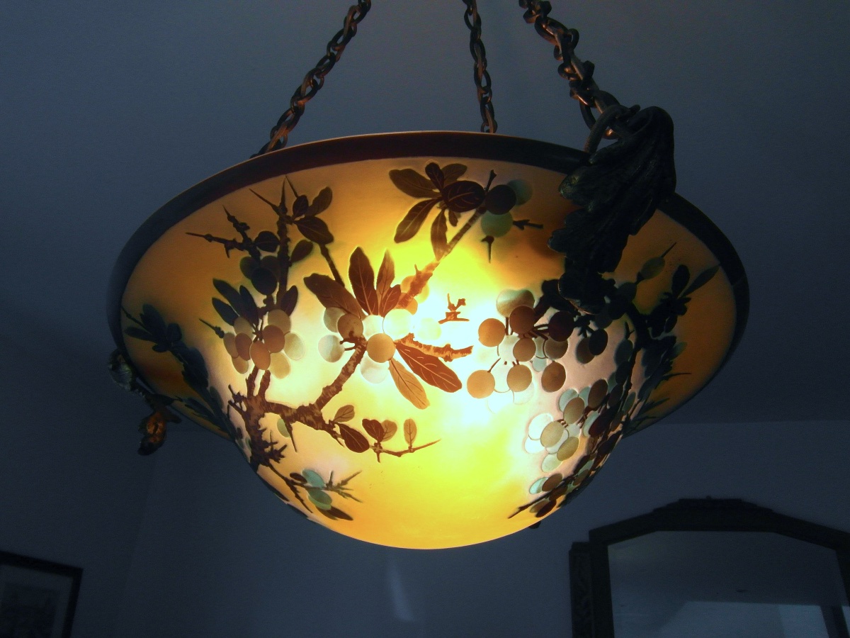 Lustre art-nouveau à décor de prunelles gravées, par Gallé, era Daum 1900-photo-7