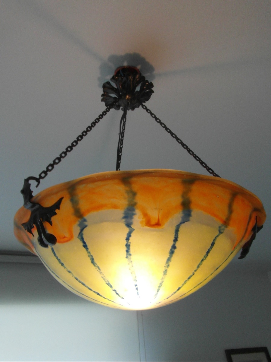Art Deco Chandelier By Schneider, Layered And Threaded, Era Daum Galle, 1920-photo-4