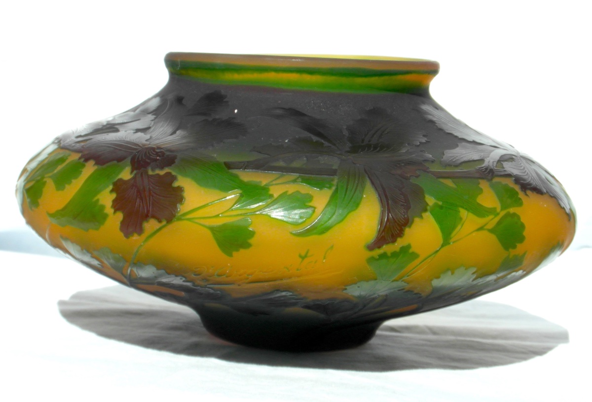 "orchids And Ginkgos" Spinning Top Vase By Paul Nicolas, Signed In Silver-plated Enamel, Daum Galle Era, 1920-photo-2