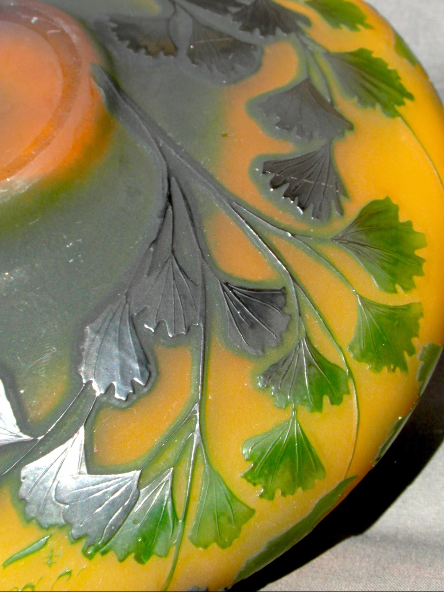 "orchids And Ginkgos" Spinning Top Vase By Paul Nicolas, Signed In Silver-plated Enamel, Daum Galle Era, 1920-photo-3