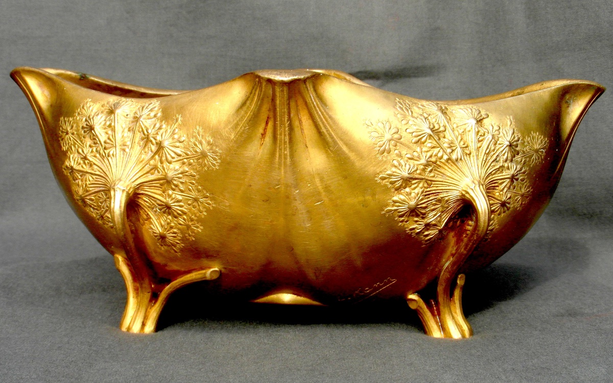 Coupe Art-nouveau "ombelles" Par Leon Kann , Fondeur Siot Decauville En Bronze Doré, Vers 1900-photo-2