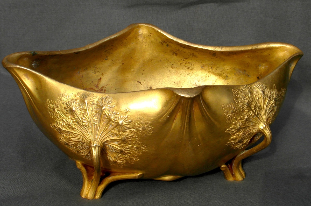 Coupe Art-nouveau "ombelles" Par Leon Kann , Fondeur Siot Decauville En Bronze Doré, Vers 1900-photo-3