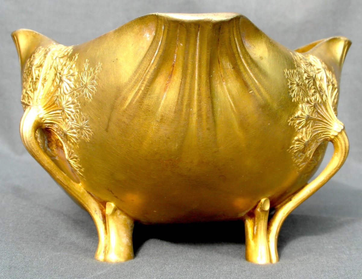 Coupe Art-nouveau "ombelles" Par Leon Kann , Fondeur Siot Decauville En Bronze Doré, Vers 1900-photo-1