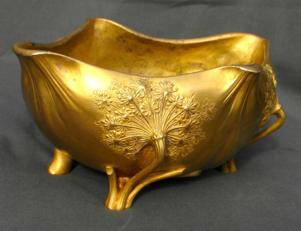 Coupe Art-nouveau "ombelles" Par Leon Kann , Fondeur Siot Decauville En Bronze Doré, Vers 1900-photo-3