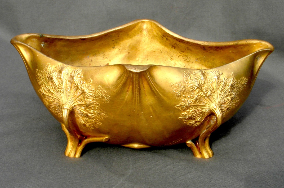 Coupe Art-nouveau "ombelles" Par Leon Kann , Fondeur Siot Decauville En Bronze Doré, Vers 1900-photo-4