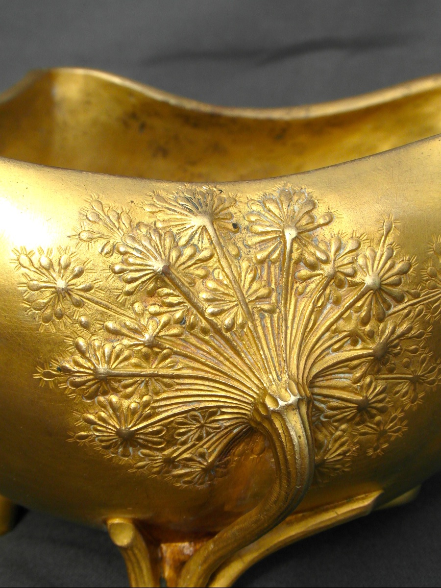 Coupe Art-nouveau "ombelles" Par Leon Kann , Fondeur Siot Decauville En Bronze Doré, Vers 1900-photo-6