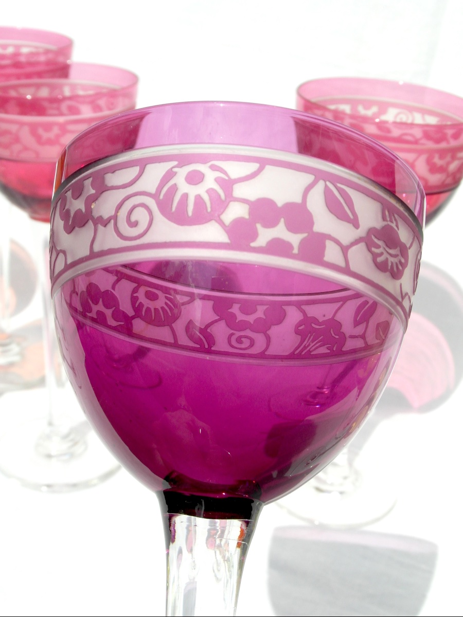 Suite de 11 verres gravés à l'acide art-déco "Cristal de Nancy", vers 1925, era daum Galle-photo-1