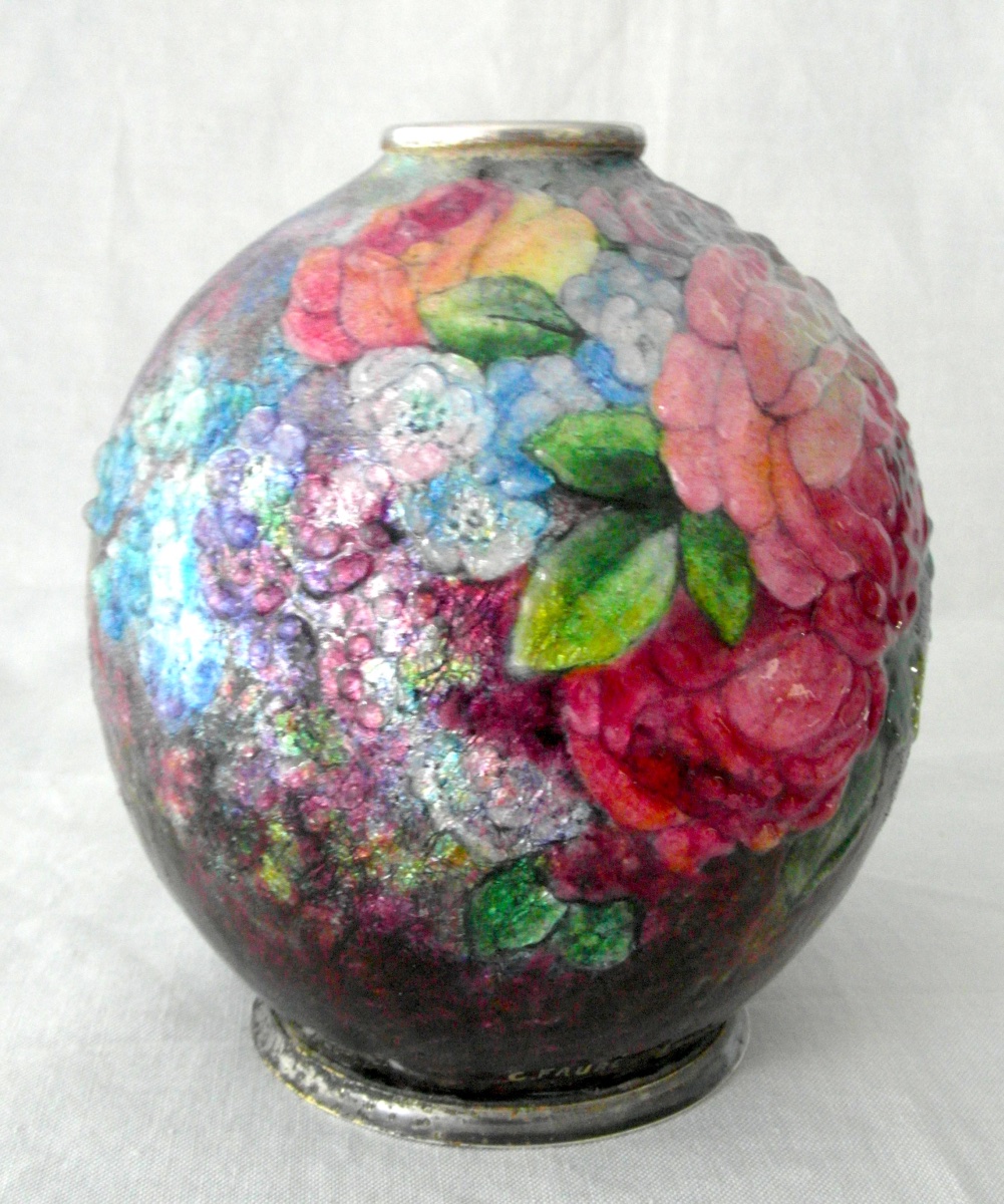 Vase boule "roses et myosotis" en émaux de limoges par Camille FAURE, era 1920 daum-photo-7
