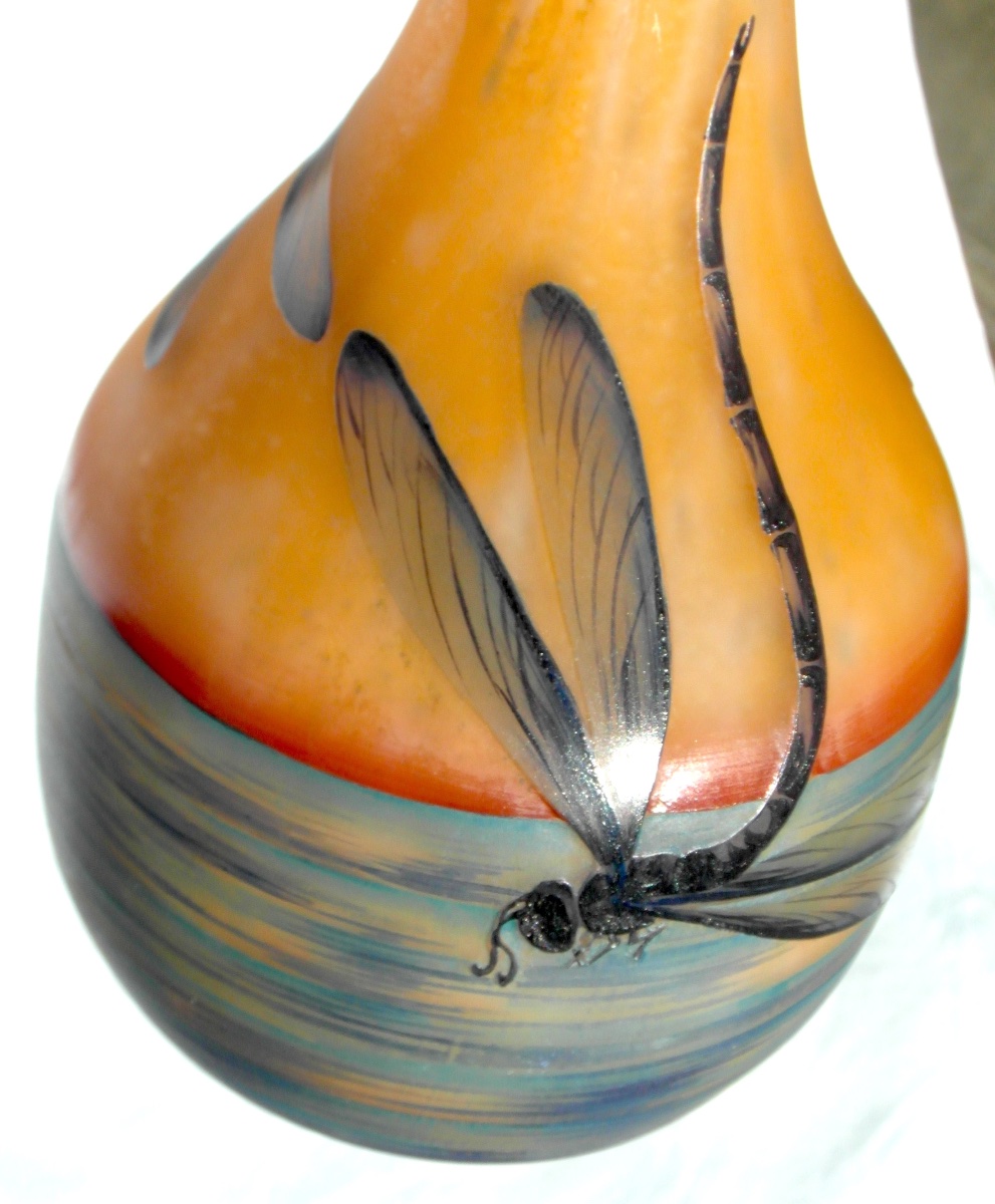 Rare vase "Libellules au coucher du soleil" par Muller frères, 36 cm , parfait, era daum galle-photo-1
