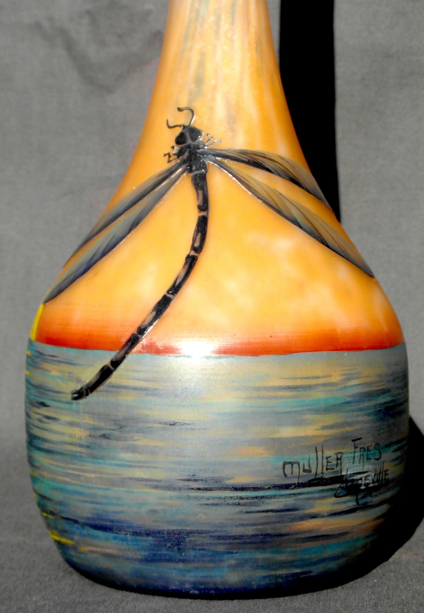 Rare vase "Libellules au coucher du soleil" par Muller frères, 36 cm , parfait, era daum galle-photo-4