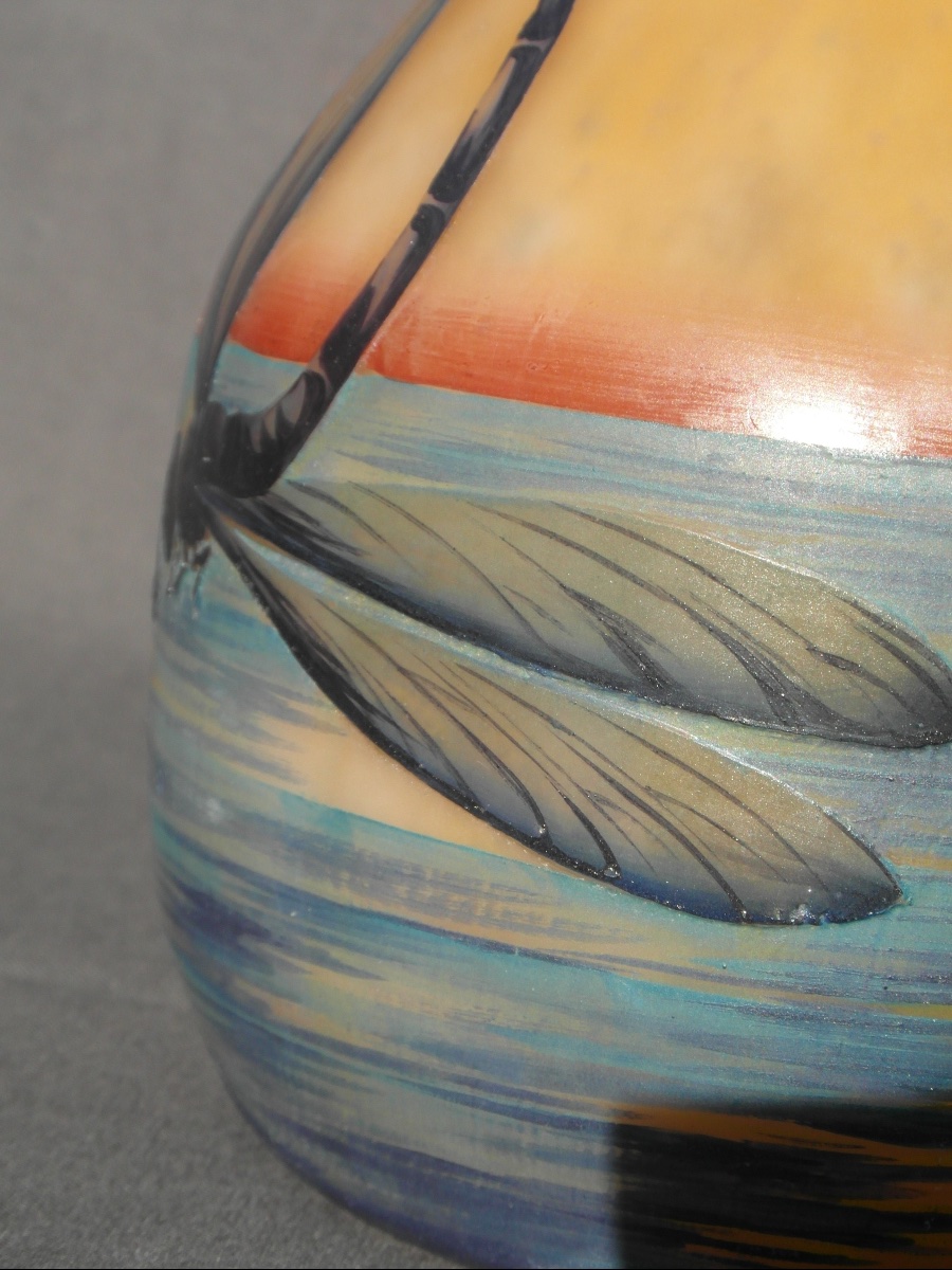 Rare vase "Libellules au coucher du soleil" par Muller frères, 36 cm , parfait, era daum galle-photo-5