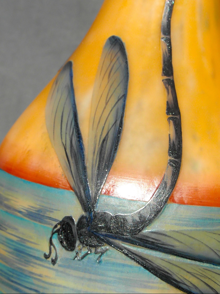 Rare vase "Libellules au coucher du soleil" par Muller frères, 36 cm , parfait, era daum galle-photo-7