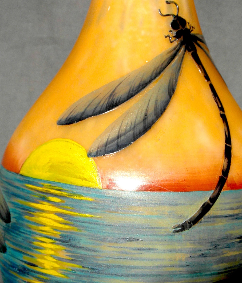 Rare vase "Libellules au coucher du soleil" par Muller frères, 36 cm , parfait, era daum galle