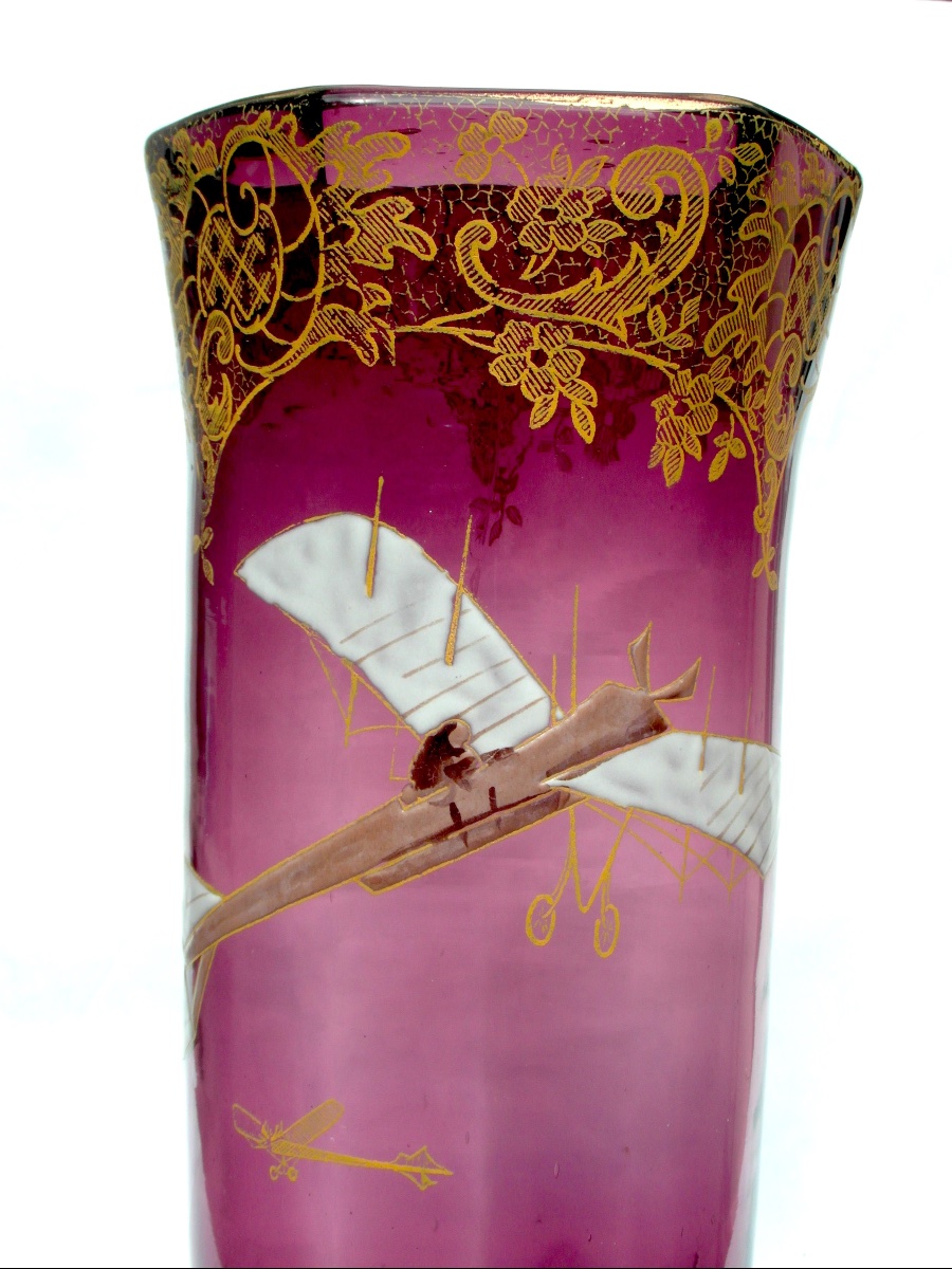 Vase 1900 Legras à décor d'un avion Monoplan, era dam galle art-Nouveau