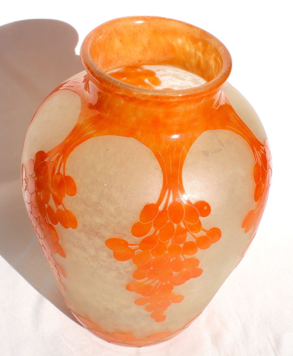 Large Art Deco Vase By Schneider Le Verre Français, "date Palms" Design, Era Daum Galle, 1920-photo-4