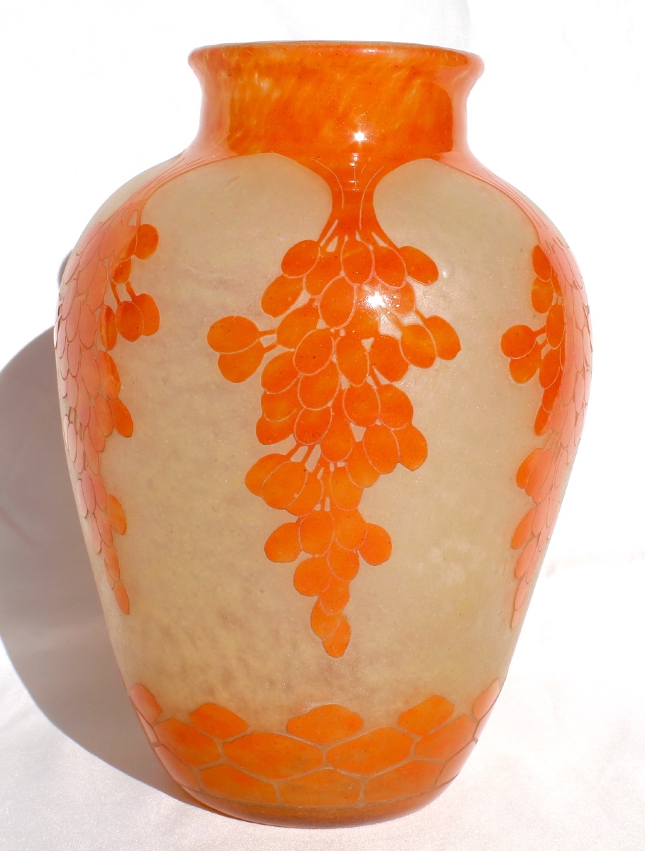 Large Art Deco Vase By Schneider Le Verre Français, "date Palms" Design, Era Daum Galle, 1920