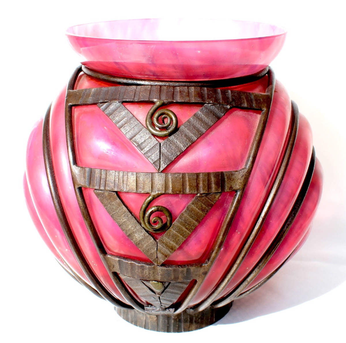 Gros vase art-deco avec monture fer forgé par Daum et Majorelle, vers 1925, era Galle-photo-2