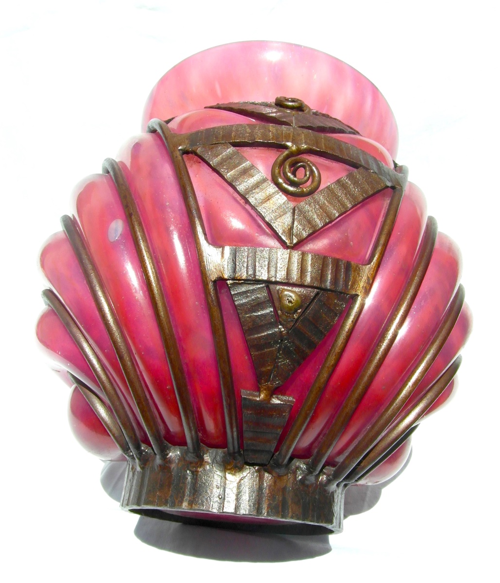 Gros vase art-deco avec monture fer forgé par Daum et Majorelle, vers 1925, era Galle-photo-3