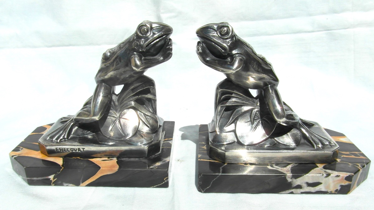 Pair Of Art Deco Bookends With Frog Motifs By Frécourt, Era Daum Marionnet, 1920-photo-2