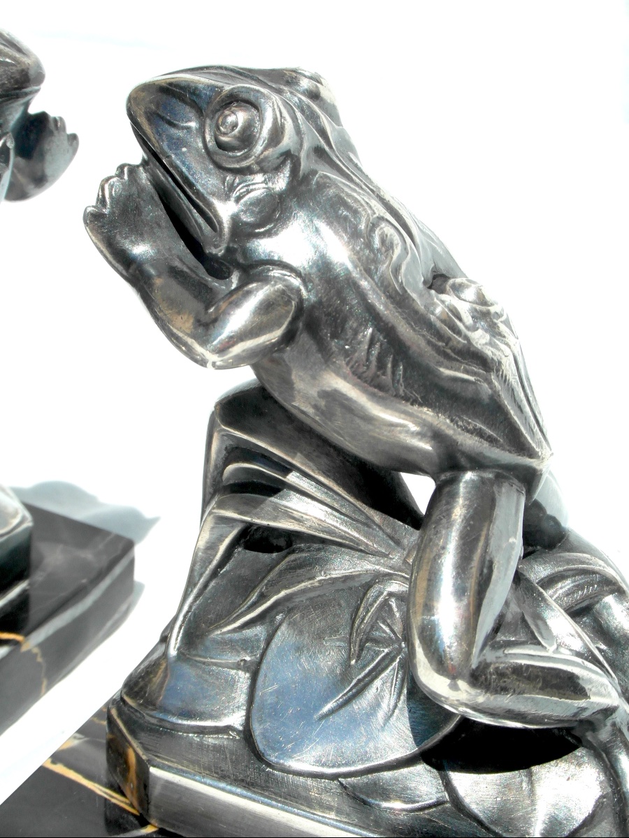 Pair Of Art Deco Bookends With Frog Motifs By Frécourt, Era Daum Marionnet, 1920-photo-3