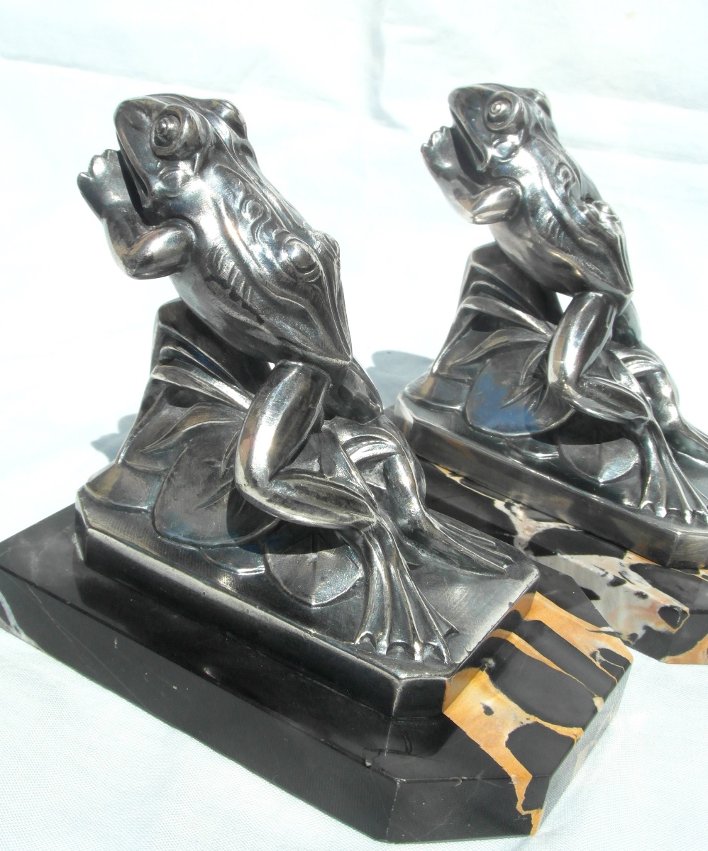 Pair Of Art Deco Bookends With Frog Motifs By Frécourt, Era Daum Marionnet, 1920-photo-4