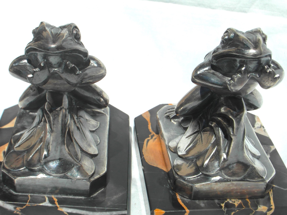 Pair Of Art Deco Bookends With Frog Motifs By Frécourt, Era Daum Marionnet, 1920-photo-2