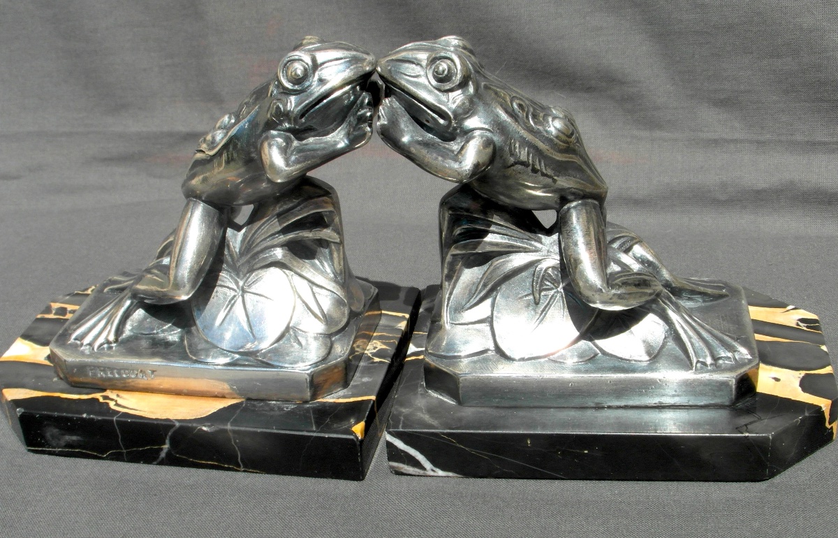 Pair Of Art Deco Bookends With Frog Motifs By Frécourt, Era Daum Marionnet, 1920-photo-3