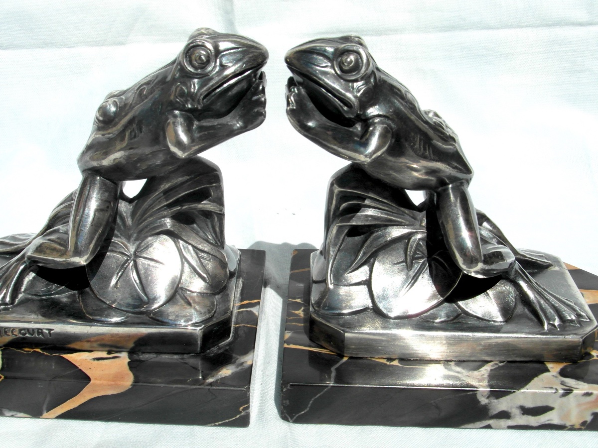 Pair Of Art Deco Bookends With Frog Motifs By Frécourt, Era Daum Marionnet, 1920