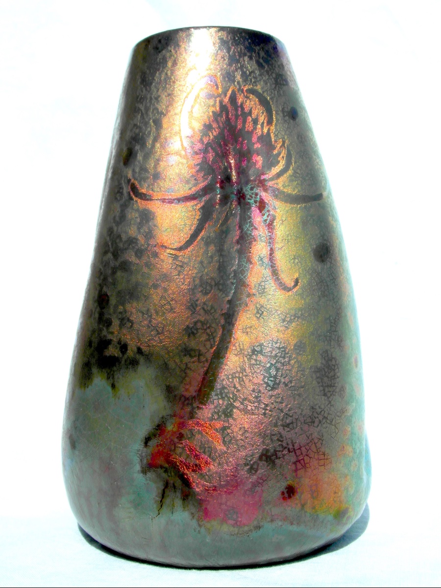 Rare vase aux chardons en céramique irisée Aire-Belle, , vers 1900, parfait era Massier Daum -photo-2